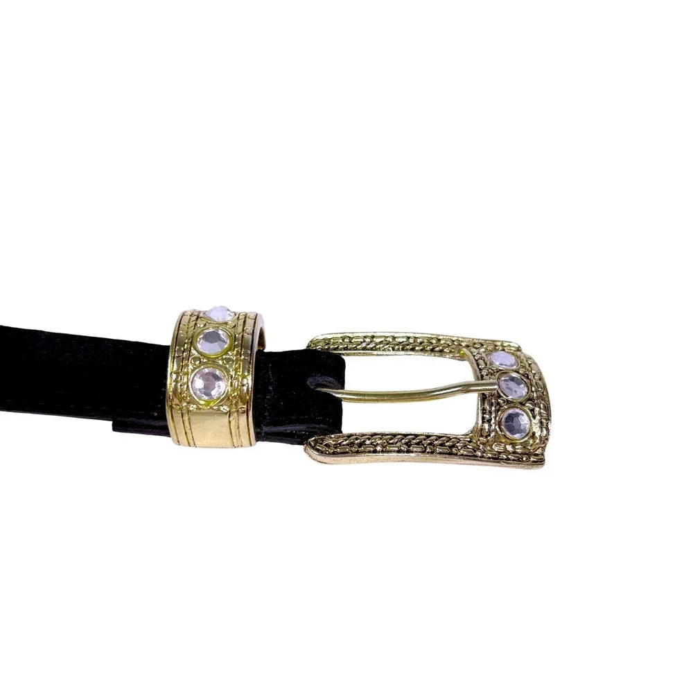 Western Belt Womens L 32 Black Rhinestone Gold Tone Suede Leather Cowgirl Vtg